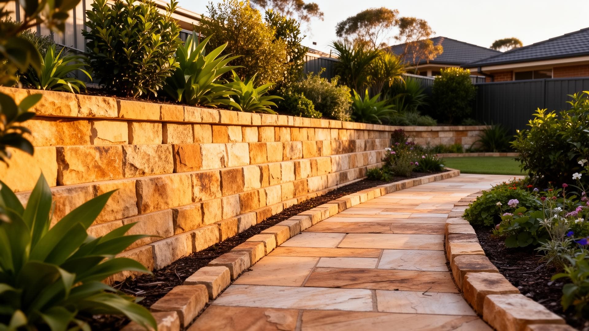 Sandstone blocks and natural sandstone rocks stacked at the Sandstone World quarry at sunset