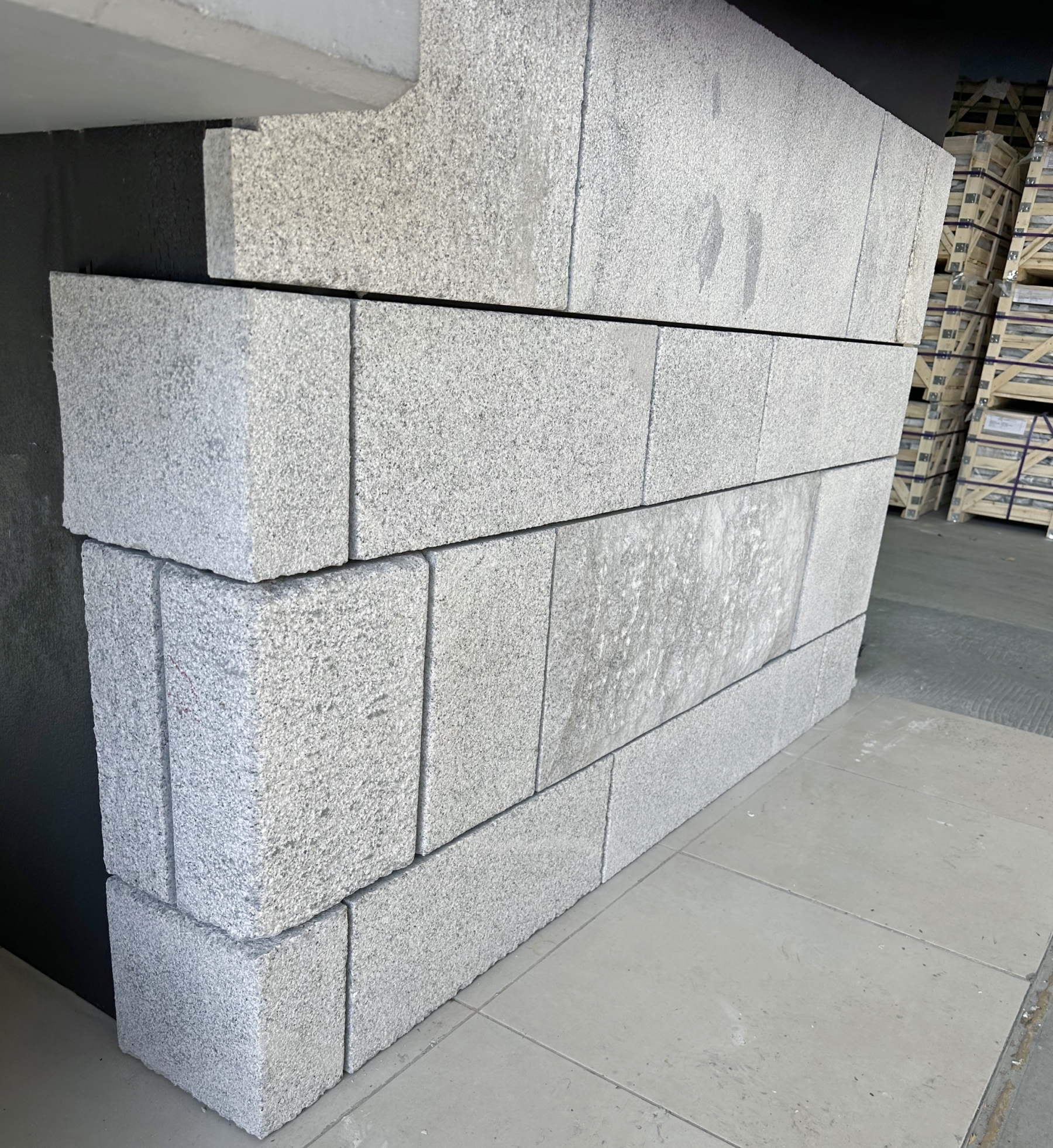 Argent grey granite lodge walling with corners