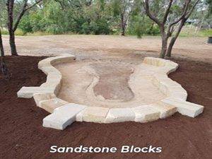 Display of sandstone block sizes at Sandstone World yard