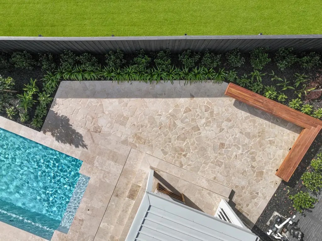 Classic travertine crazy paving pool project Brisbane