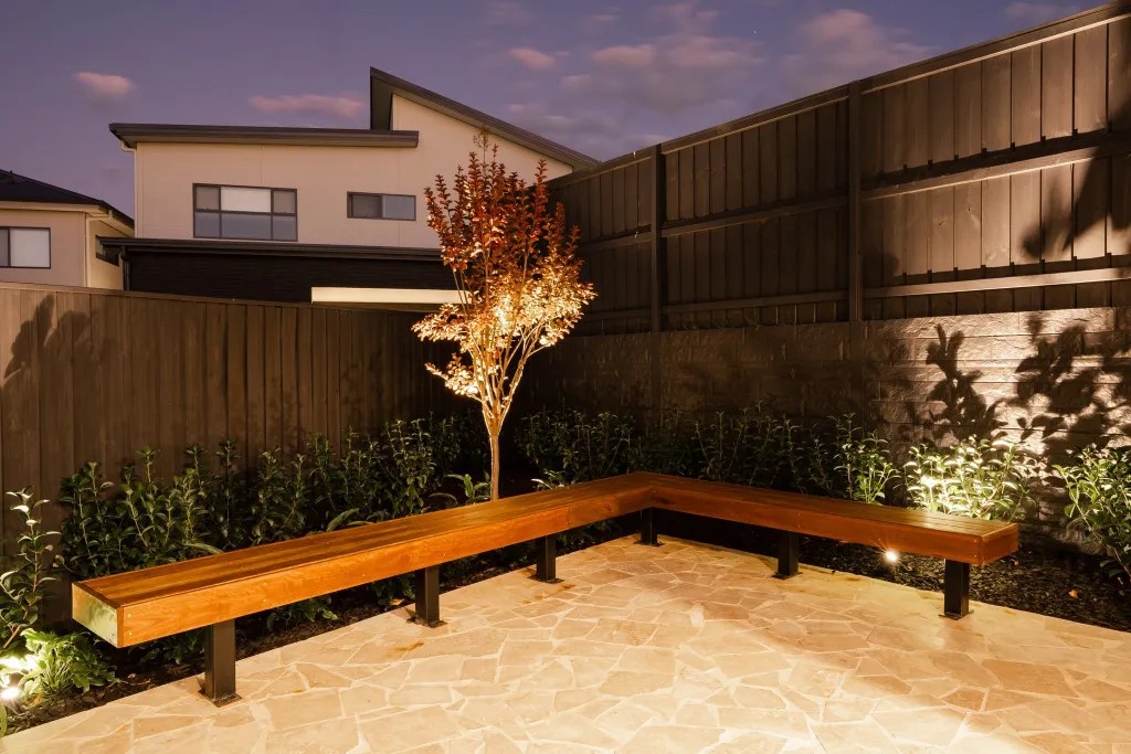 Classic travertine crazy paving outdoor entertaining area