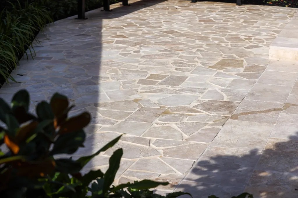 Classic travertine crazy paving landscape design Gold Coast