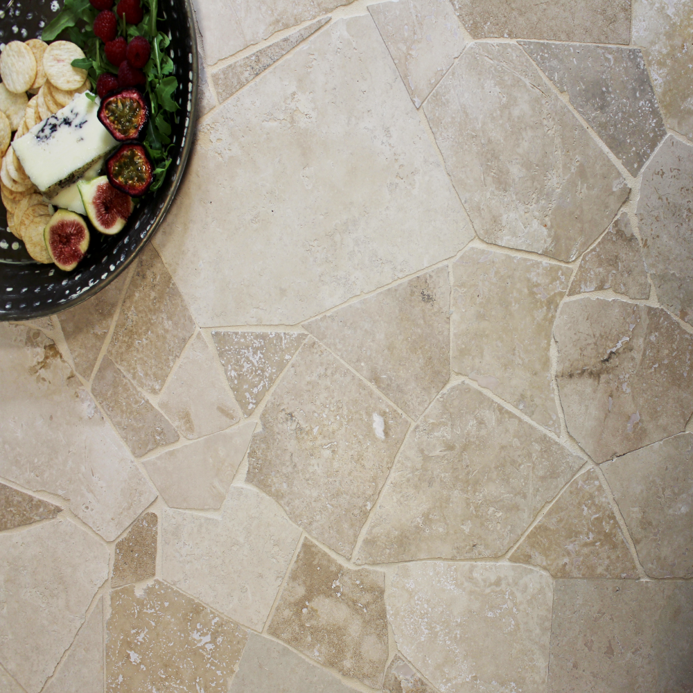 Classic travertine crazy paving stone close-up texture