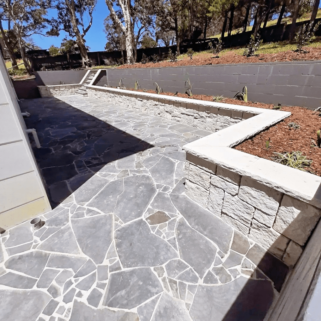 Iluka bluestone crazy paving with walling stone Brisbane