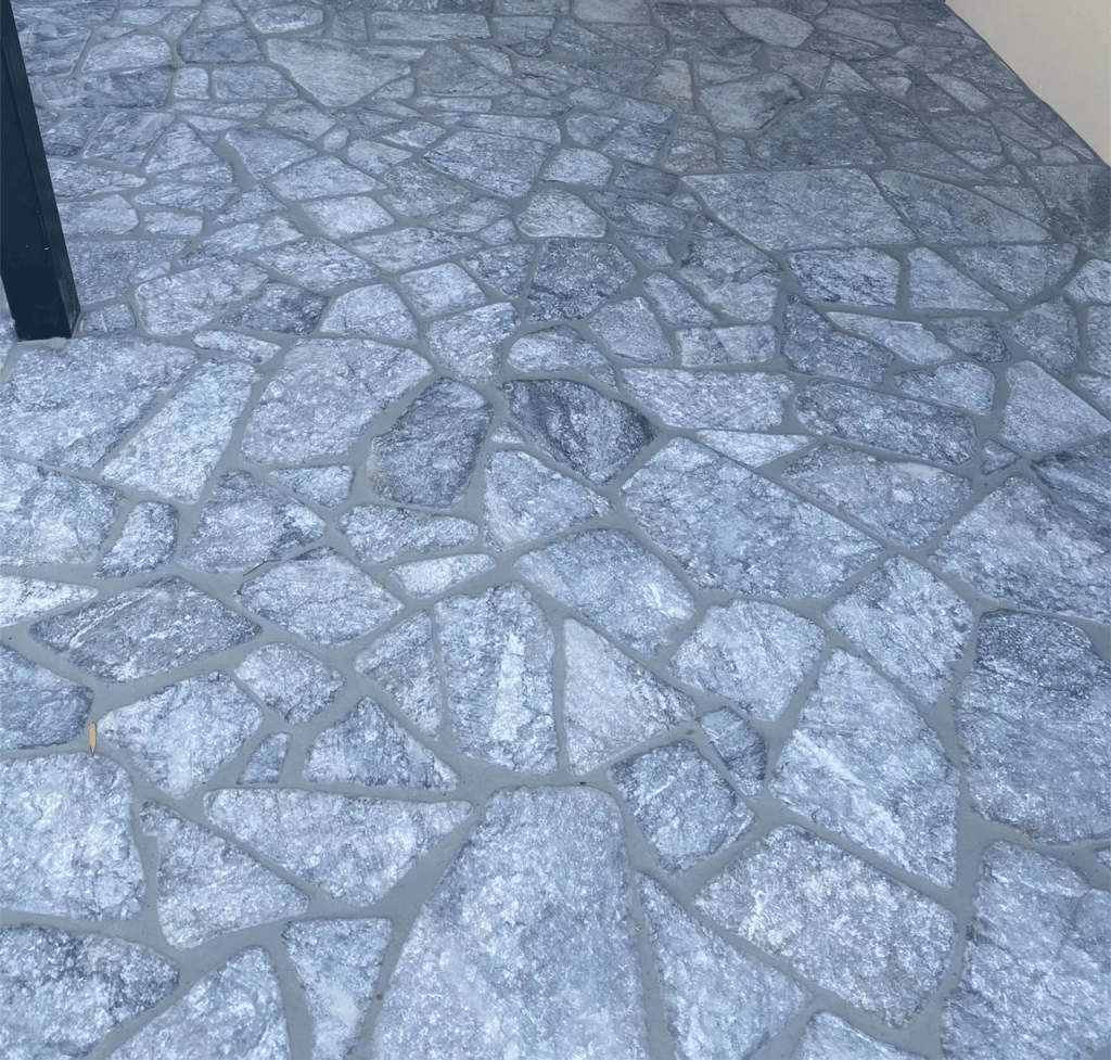 Mia tumbled marble crazy paving installation