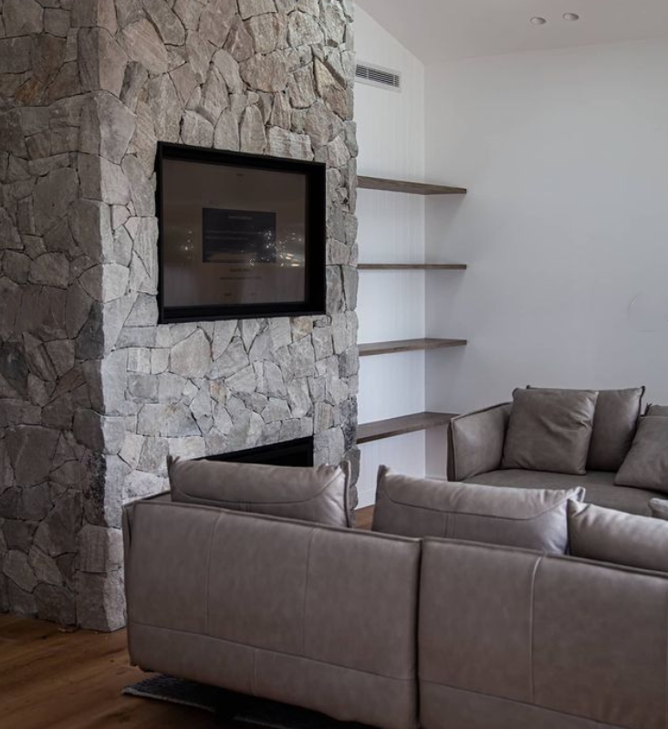 Irregular Orford Grey sandstone cladding installed exterior Brisbane