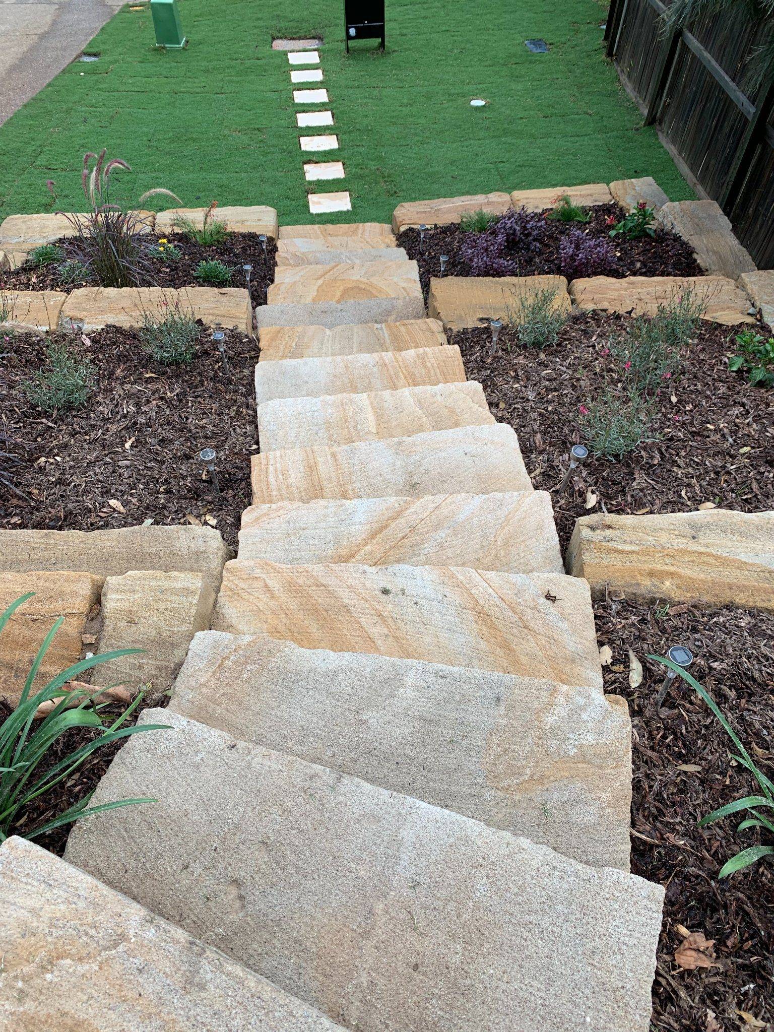 Wheel sawn sandstone steps detail showing natural stone texture